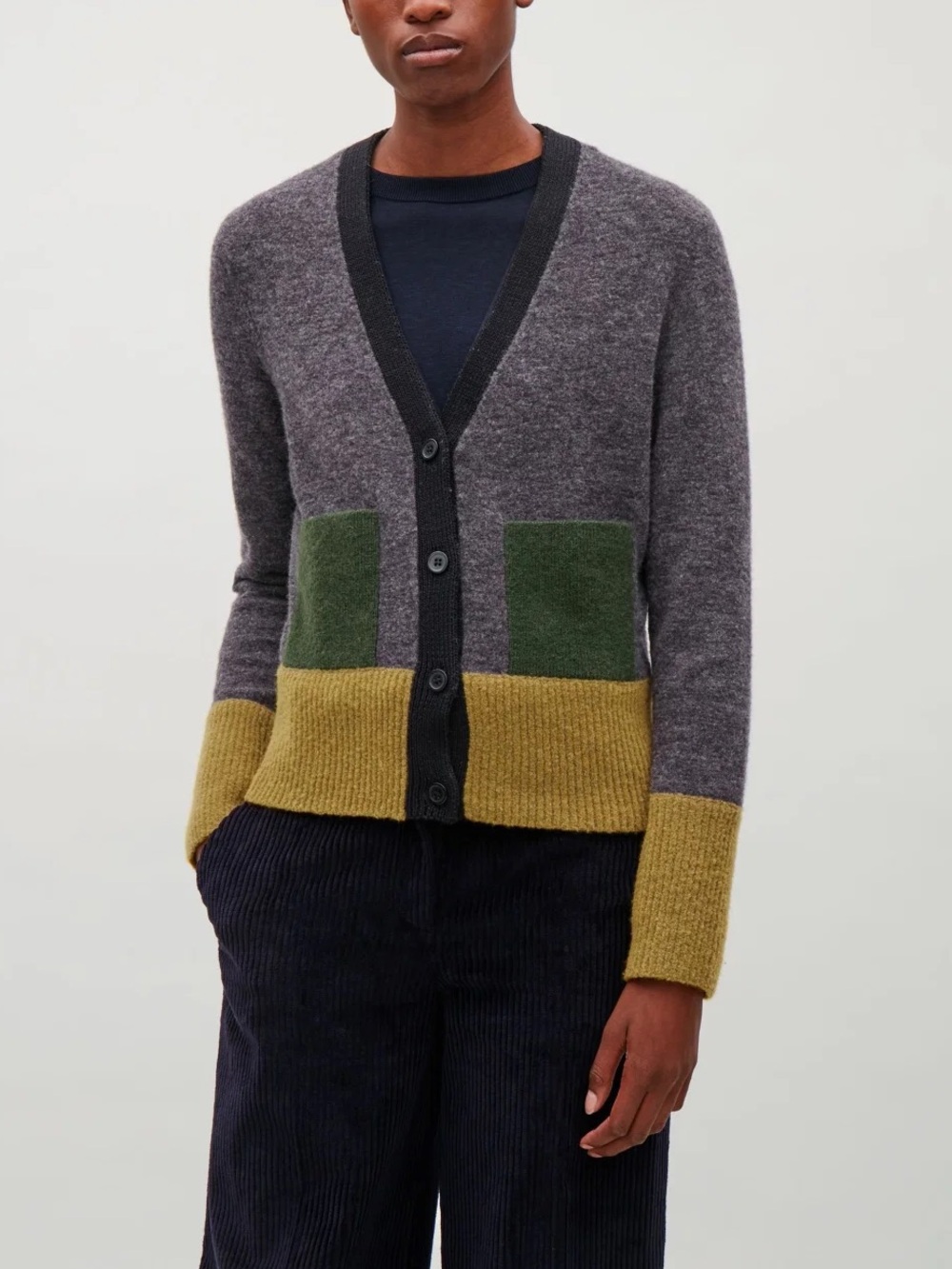 COS Colorblock Mohair Wool V-Neck Cardigan Sweater - Gray, Green & Mustard, XS